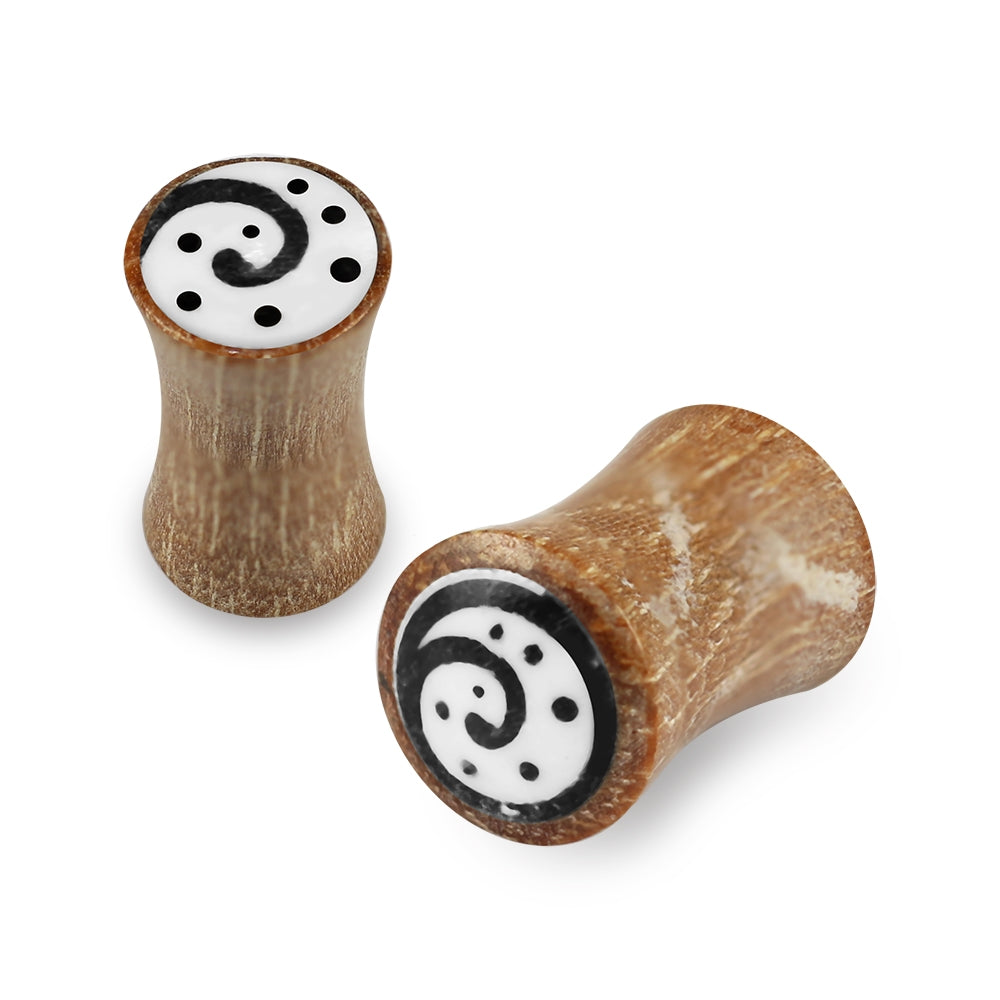 Double Flared Swirl Dotted Inlay Organic Wood Saddle Ear Plug