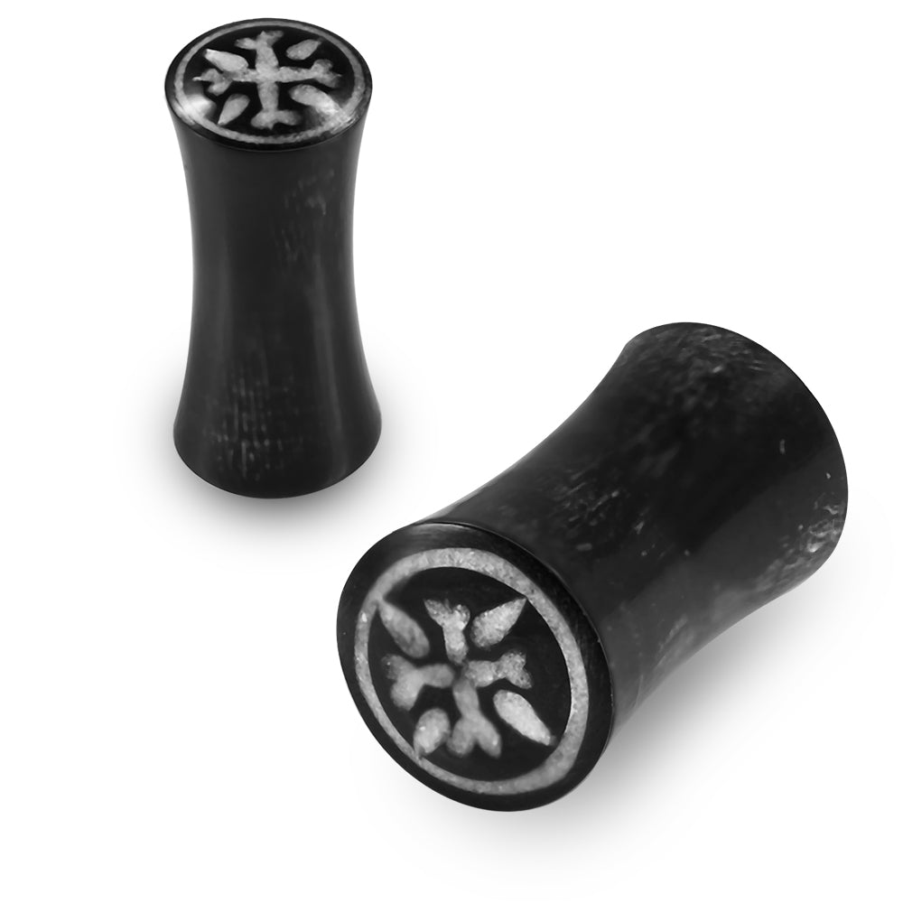 Double Flared Floral Inlay Organic Horn Saddle Ear Plug