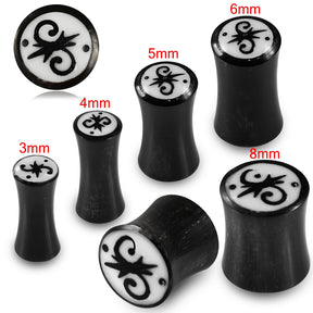 Double Flared Calligraphic Inlay Organic Horn Saddle Ear Plug