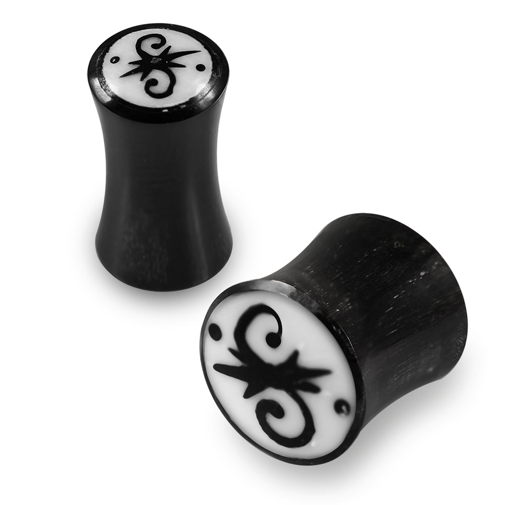 Double Flared Calligraphic Inlay Organic Horn Saddle Ear Plug