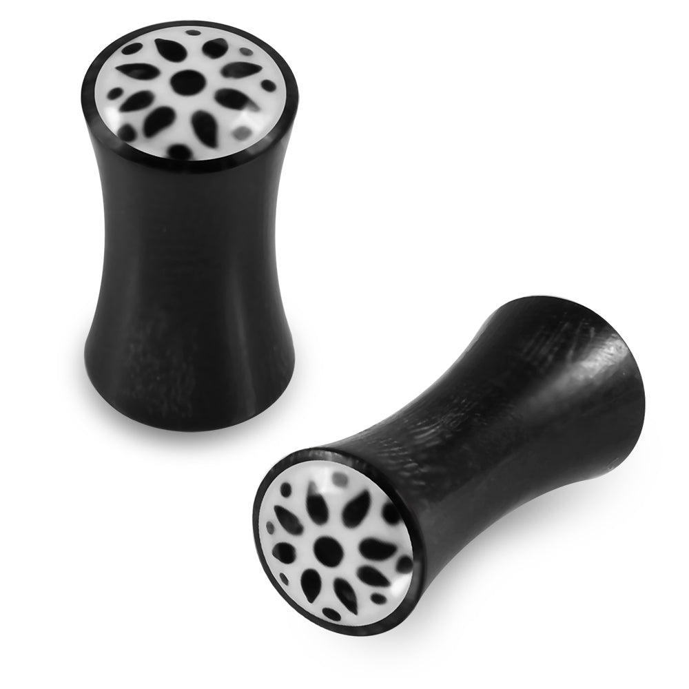 Double Flared Flower Dotted Inlay Organic Horn Saddle Ear Plug