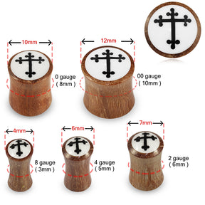 Double Flared Cross Inlay Organic Wood Saddle Ear Plug