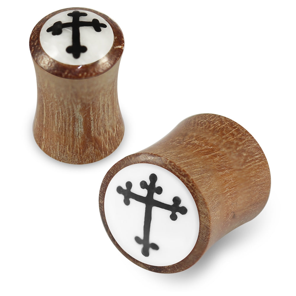 Double Flared Cross Inlay Organic Wood Saddle Ear Plug