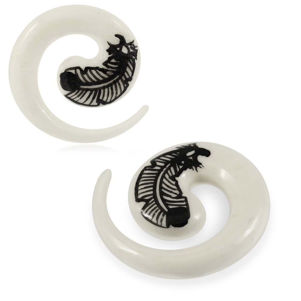 Feather Printed Organic Bone Ear Plug Spiral Expander