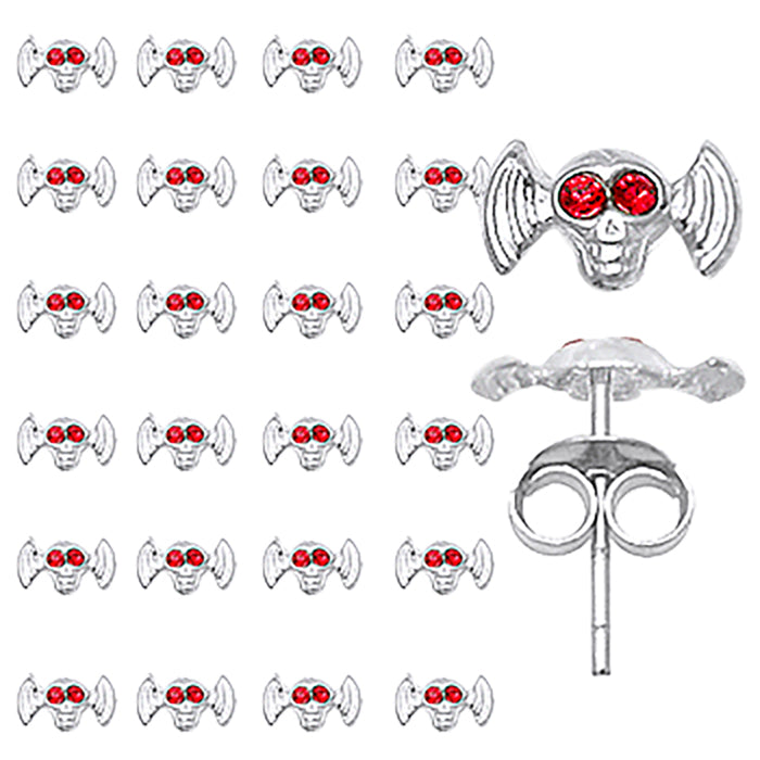 Jeweled Red Eye Skull Ear Studs in a 12 pair Tray