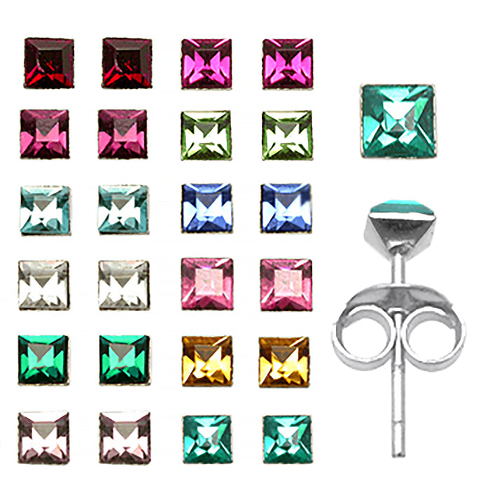 Mix Color Rhinestone 3mm Birth Stone Silver Ear Studs Earring in a 12 pair Tray PAC12ES047