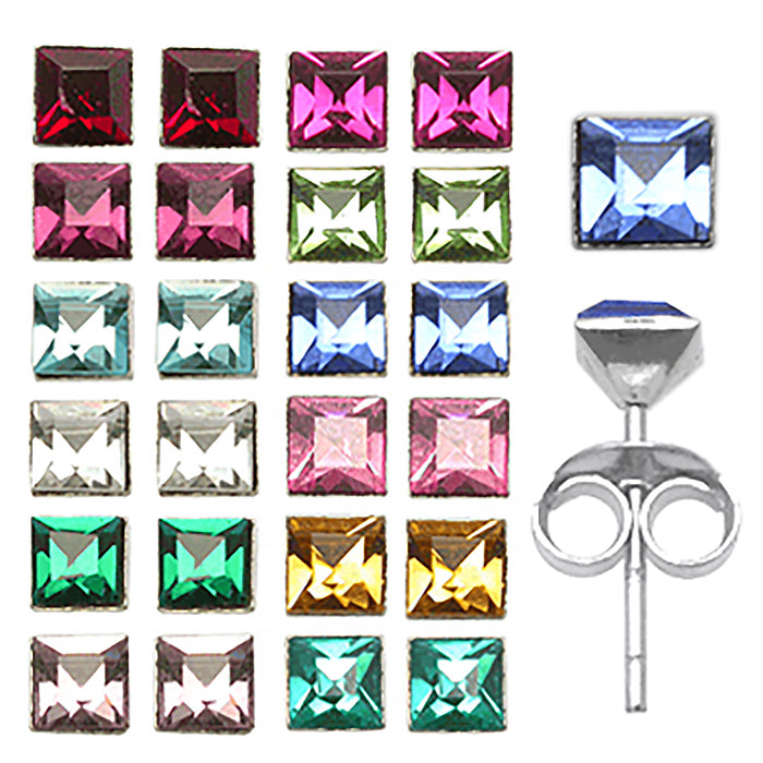 4mm Princess Cut Birth Stone Ear Studs Body Jewelry in a 12 pair Tray