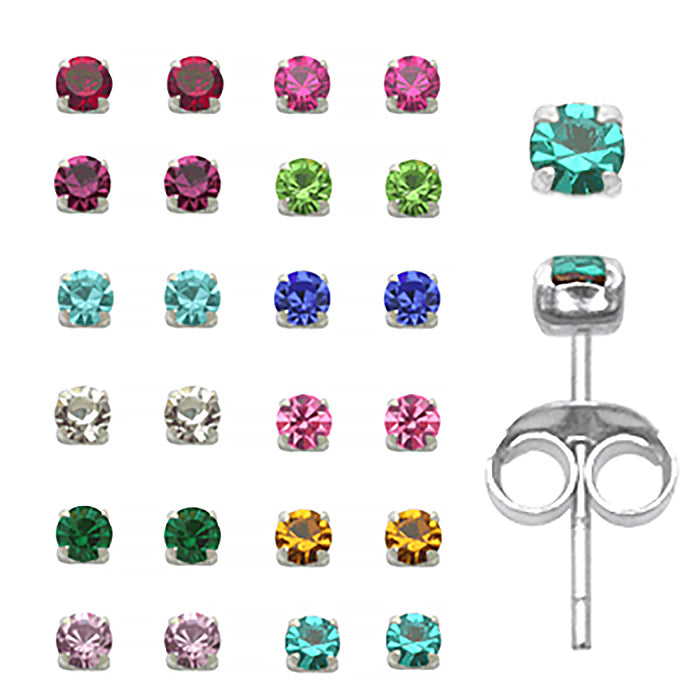 2mm Round Birth Stone Ear Studs in 12 pair Tray