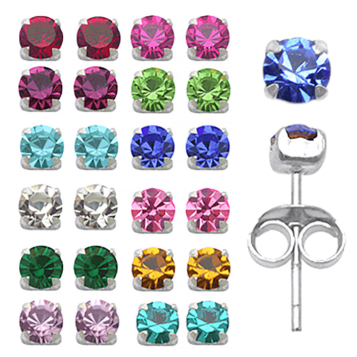 925 Sterling Silver 4mm Birth Stone Ear Studs in 12 Pairs Earring Stand