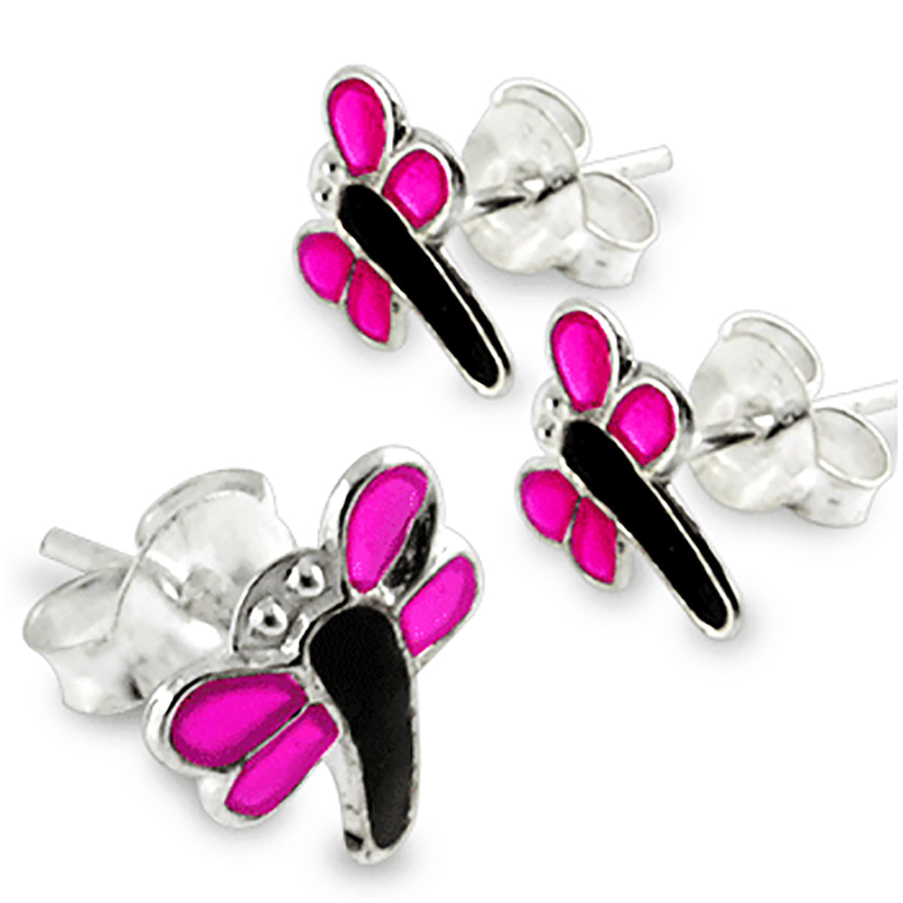 Pink Hand Painted Dragon Fly Sterling Silver Ear Stud