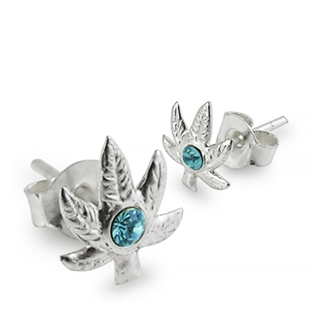 White CZ Jeweled Marijuana Leaf  Silver Ear Stud