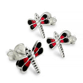Red And Black Hand Painted Dragon Fly Silver Ear Stud