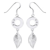 925 Sterling Silver Jeweled Round with Dangling Leaf Fish Hook Ear Ring