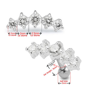 5 Cz's Curve in Claw Set 925 Sterling Silver Cartilage Tragus Piercing