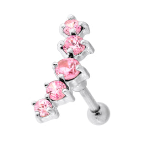 5 Cz's Curve in Claw Set 925 Sterling Silver Cartilage Tragus Piercing  Pink