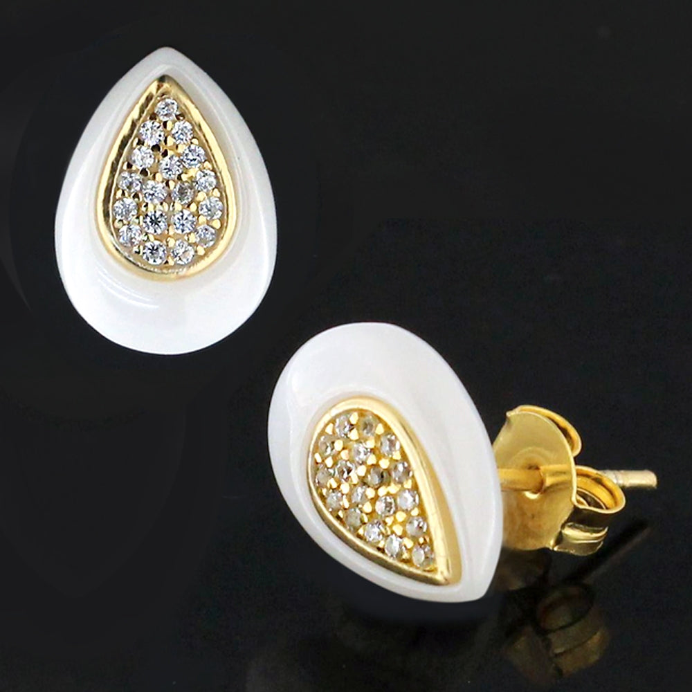 Micro Jeweled CZ Tear Drop CERAMIC Gold Platted Sterling Silver Ear Stud