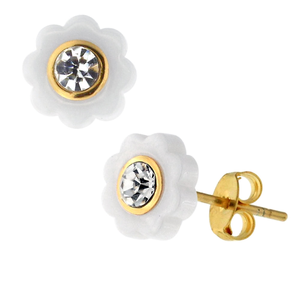 Pure White CERAMIC Flower with CZ Gold Platted Sterling Silver Ear Stud