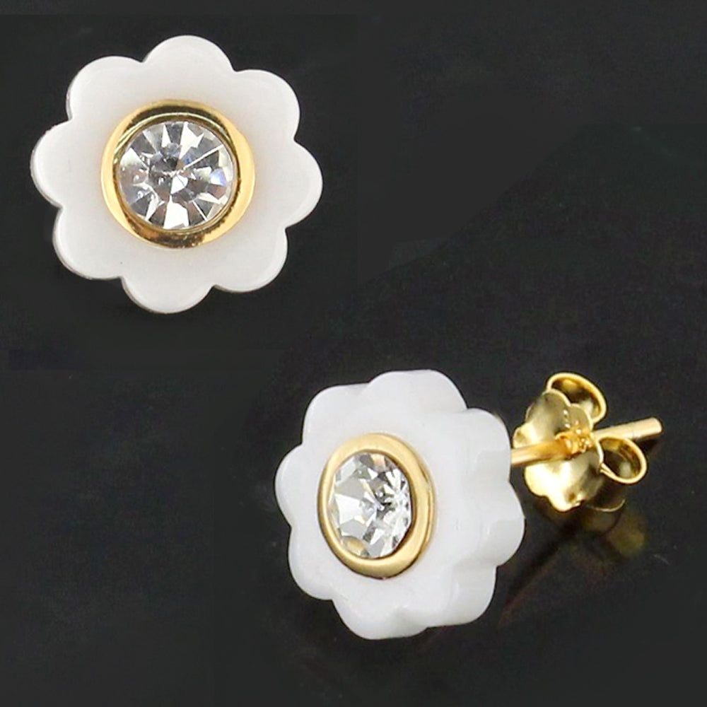 Pure White CERAMIC Flower with CZ Gold Platted Sterling Silver Ear Stud