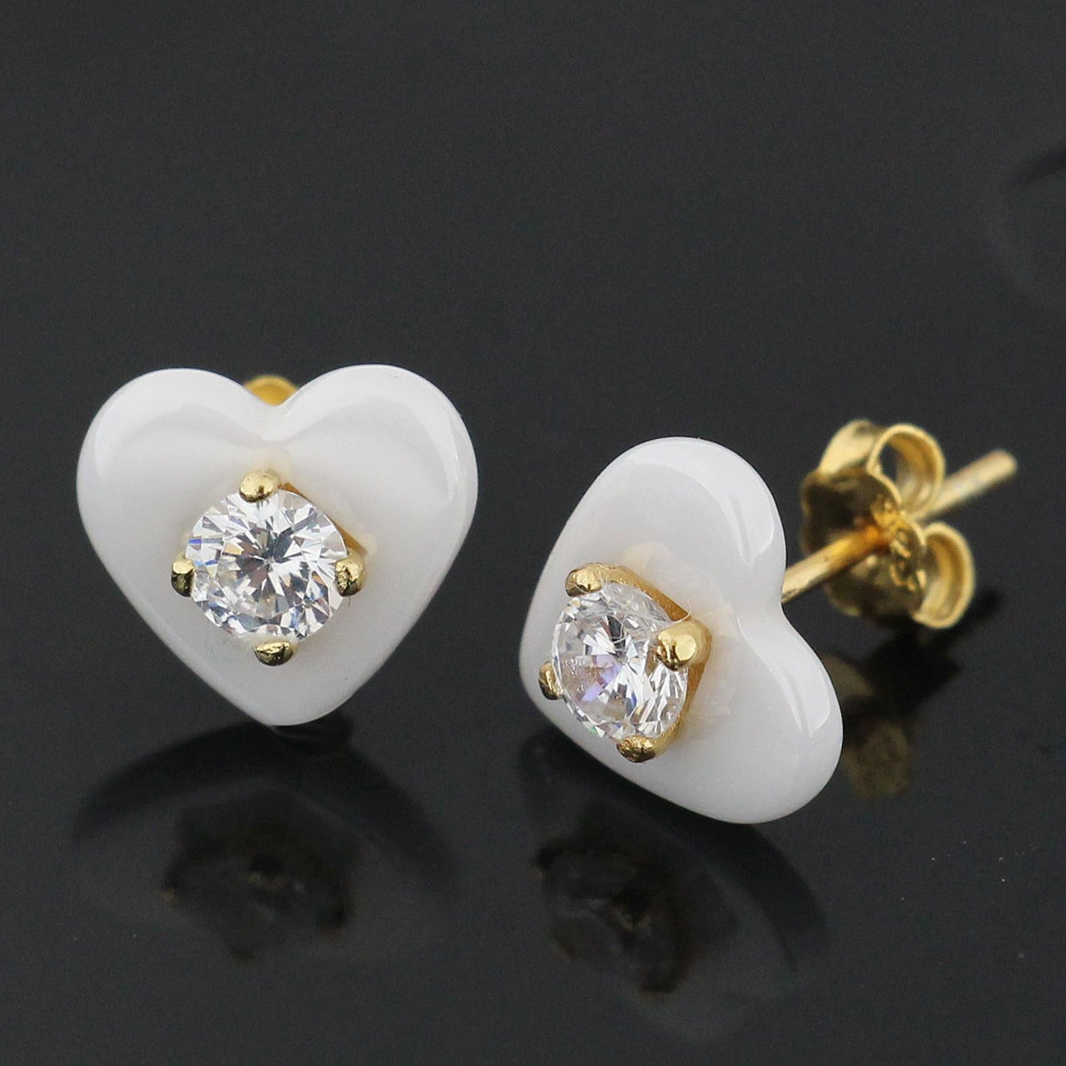 Pure White CERAMIC Heart with CZ Gold Platted Sterling Silver Ear Stud