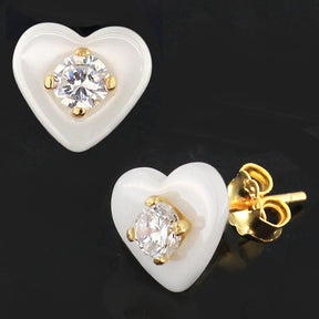 Pure White CERAMIC Heart with CZ Gold Platted Sterling Silver Ear Stud