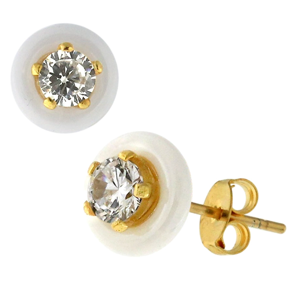 Pure White CERAMIC Round with CZ Gold Platted Sterling Silver Ear Stud