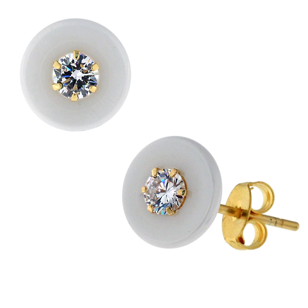 Pure White Round CERAMIC with CZ Gold Platted Sterling Silver Ear Stud
