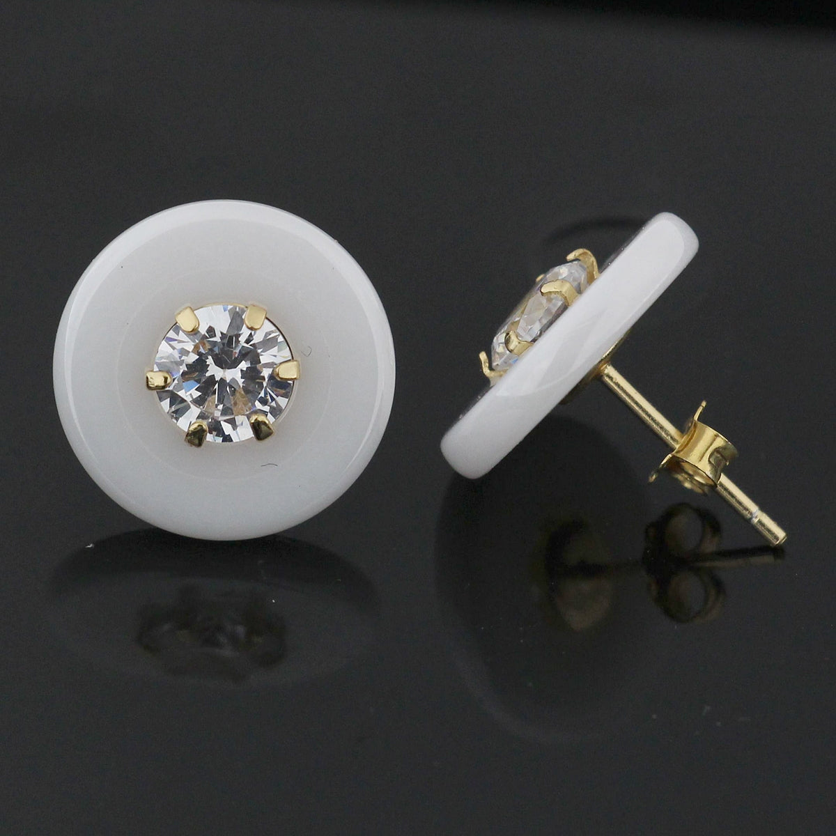 Pure White Round CERAMIC with CZ Gold Platted Sterling Silver Ear Stud