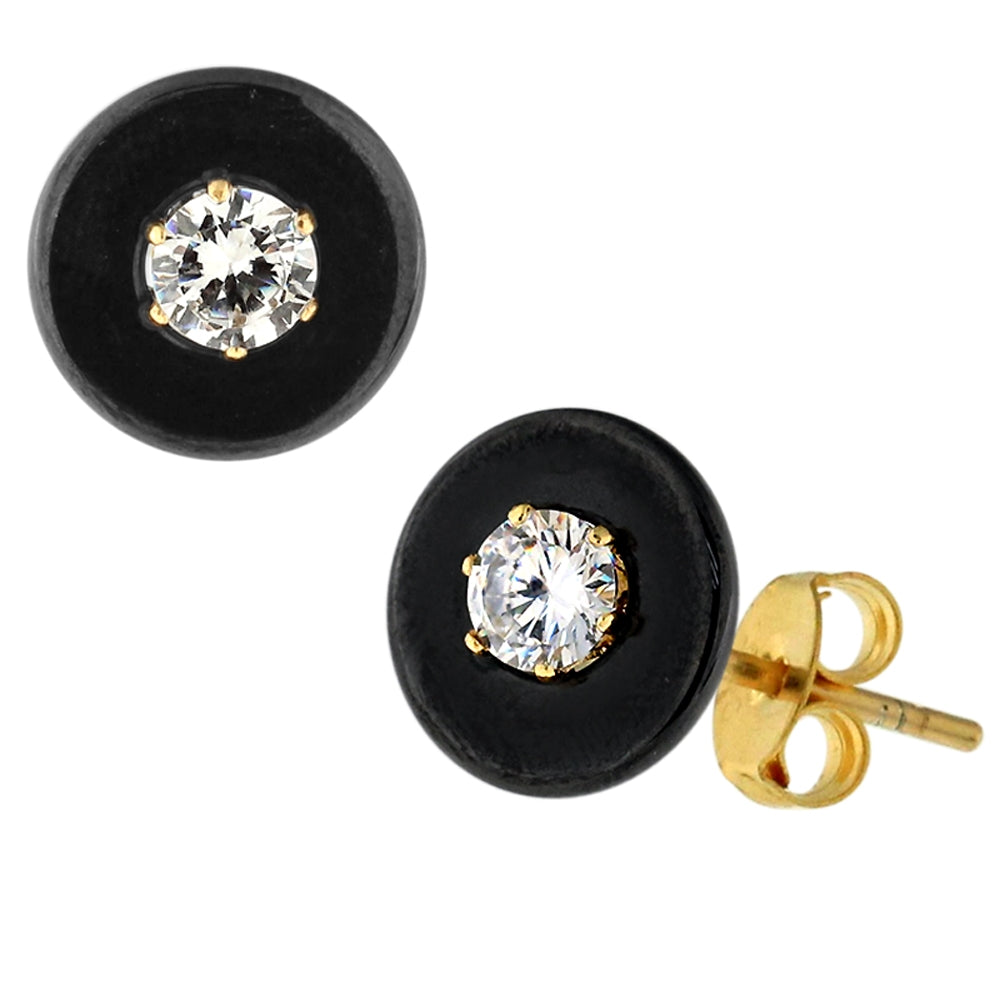 Black Round CERAMIC with CZ Gold Platted Sterling Silver Ear Stud