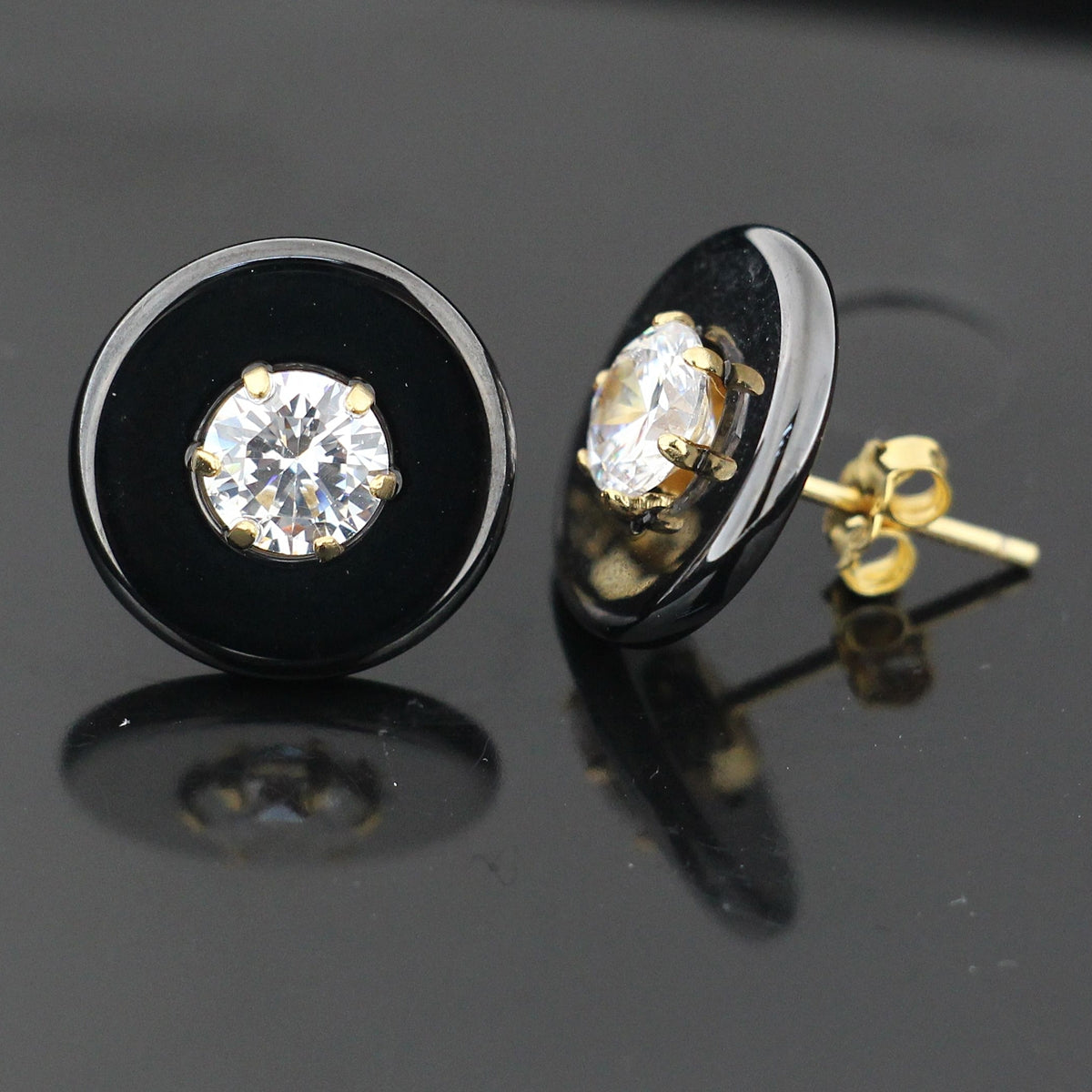Black Round CERAMIC with CZ Gold Platted Sterling Silver Ear Stud