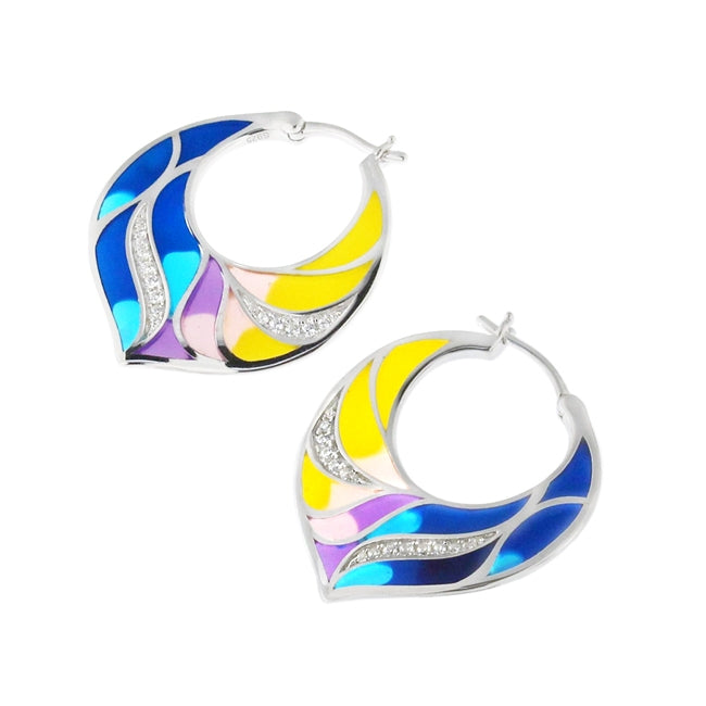 Micro jeweled CZ Colorful Enamal Floral Sterling Silver Ear Hoop Ring