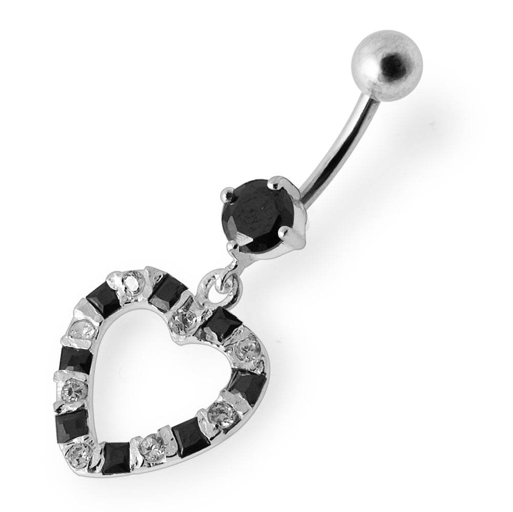 Jeweled Heart Silver Dangling SS Curved Banana Navel Ring