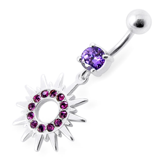 Fancy Colored Sun Jeweled Dangling Banana Bar Belly Ring