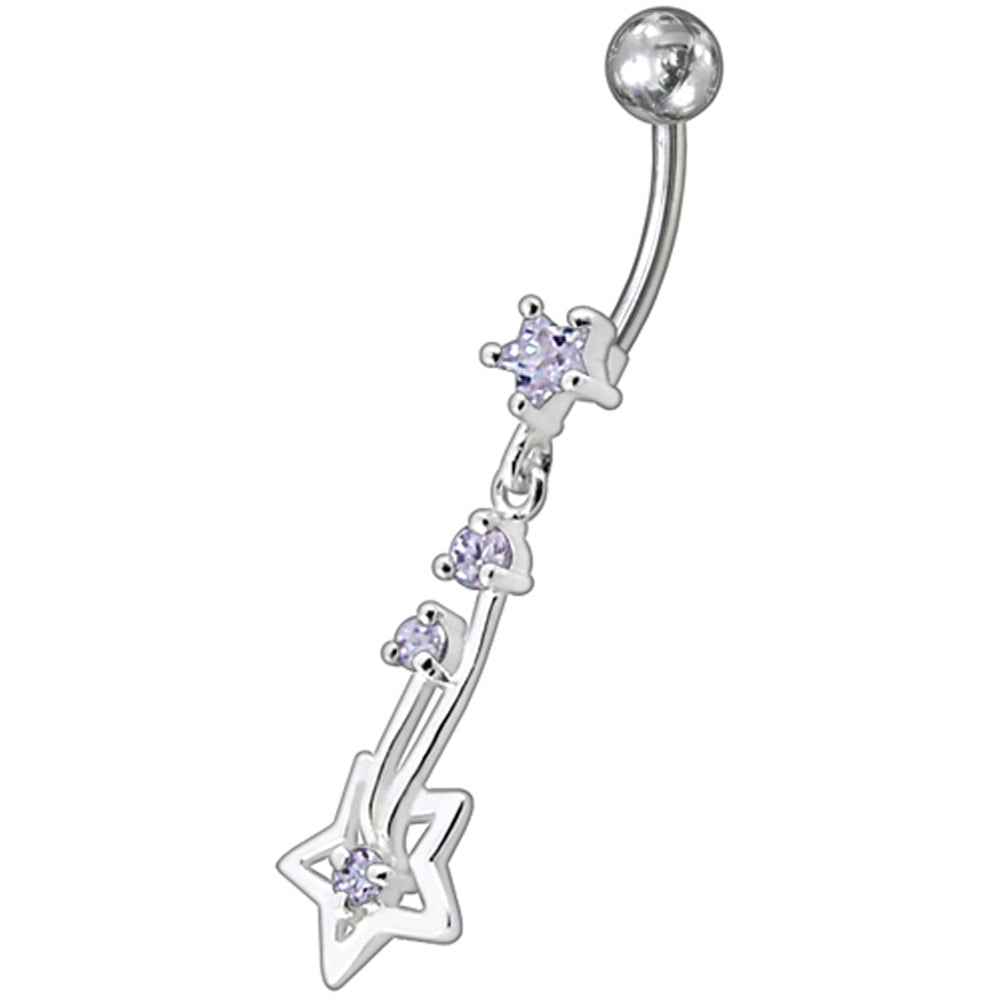 Silver Fancy Star Jeweled Dangling With SS Bar Navel Ring