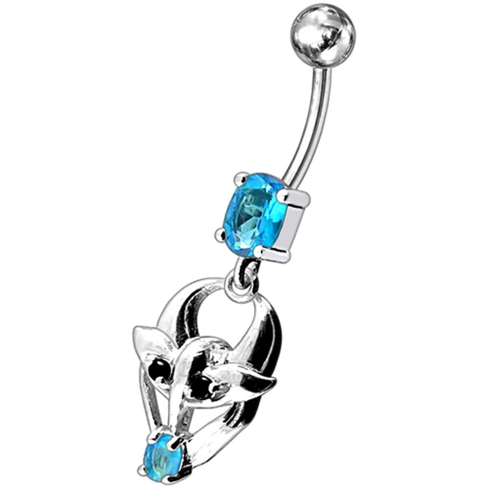 Fancy Jeweled Gothic Skull Silver Dangling With SS Bar Belly Ring
