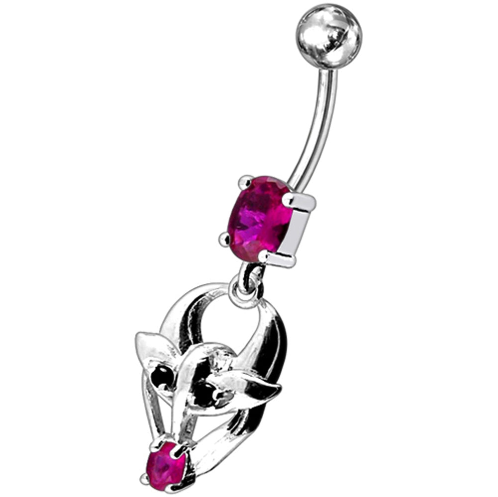 Fancy Jeweled Gothic Skull Silver Dangling With SS Bar Belly Ring