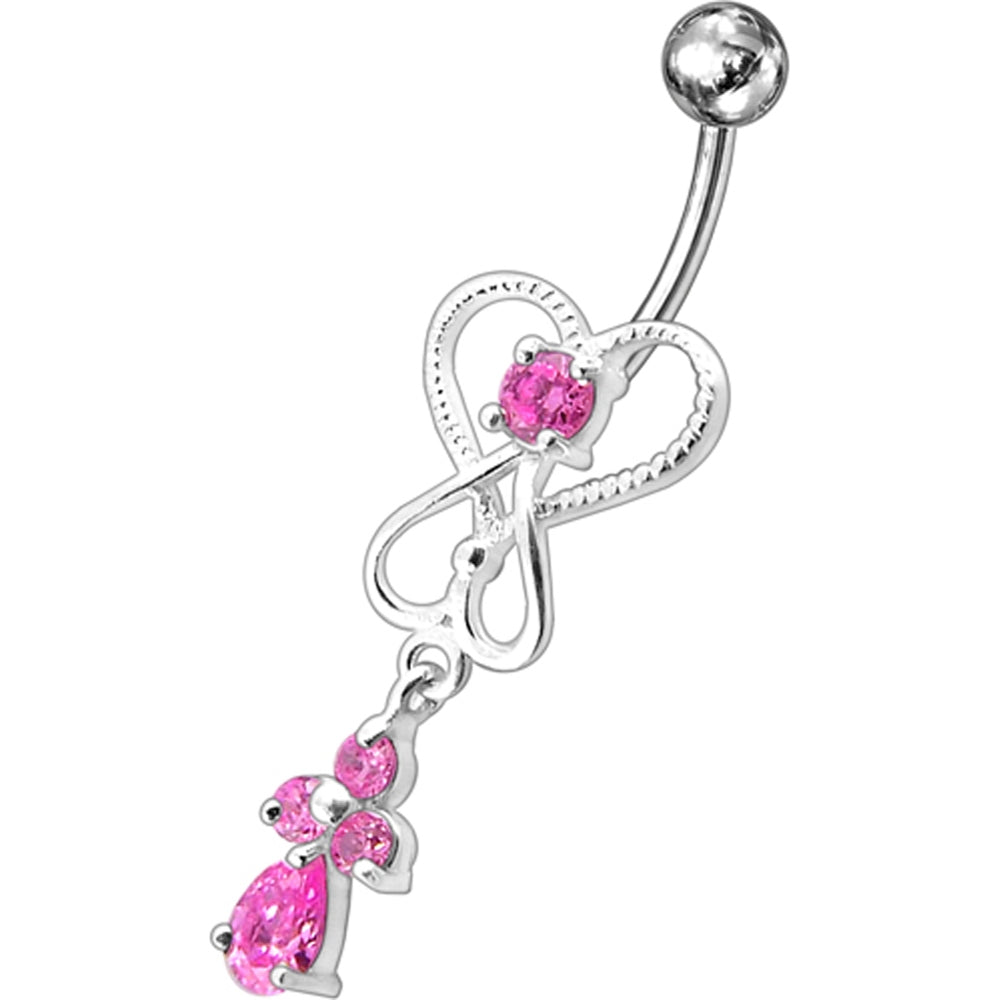 Pink Jeweled Silver Dangling Banana Bar Navel Ring PBM1656