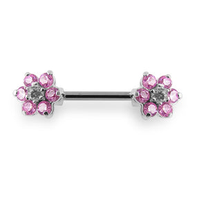 Jeweled Flower Silver Nipple Bar