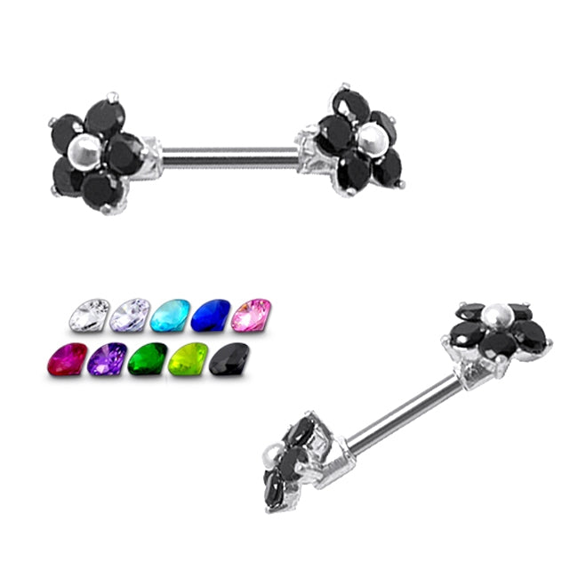 Silver Jeweled Flower Nipple Straight Bar