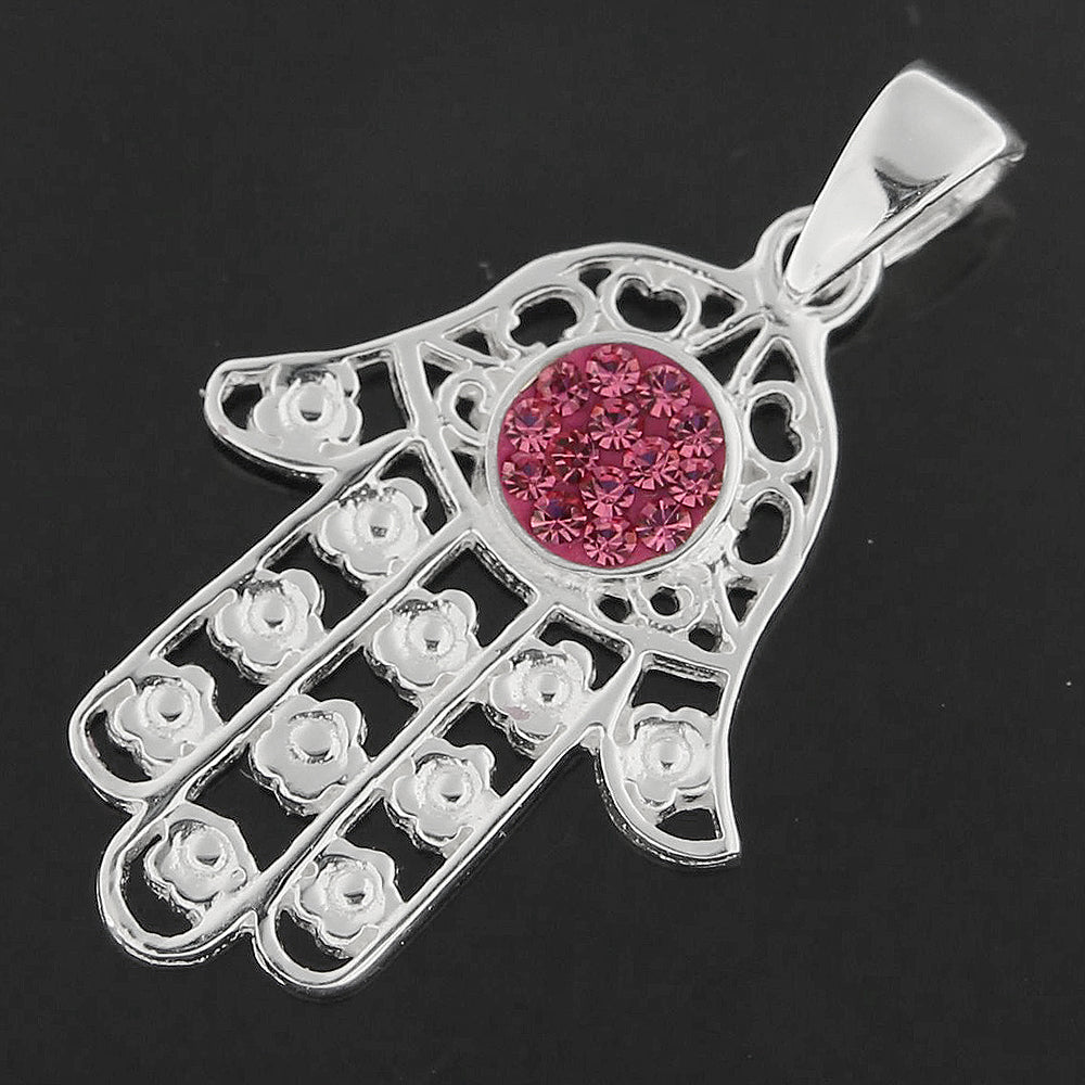 Jeweled Fatima Hand with Flowers 925 Sterling Silver Pendant