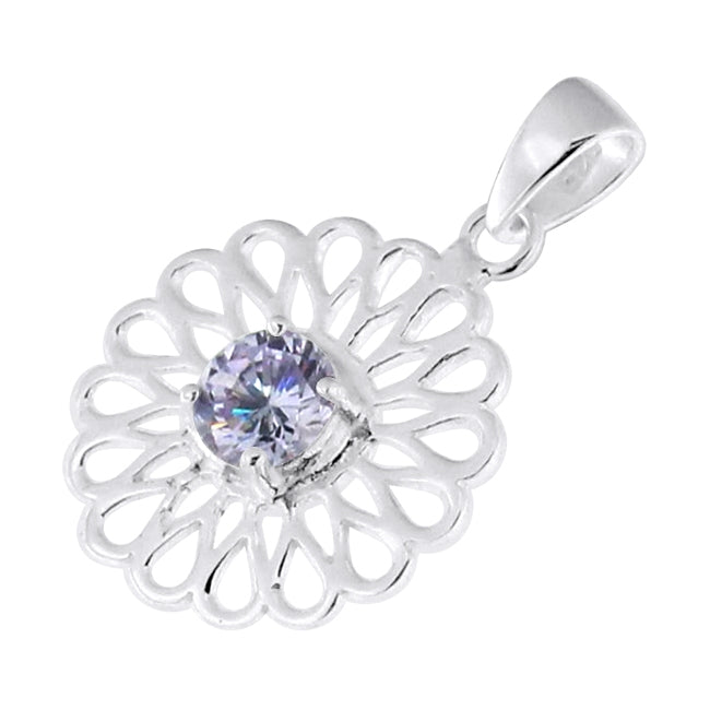 925 Sterling Silver Flower Cut Out With Singel Stone Jeweled Pendant