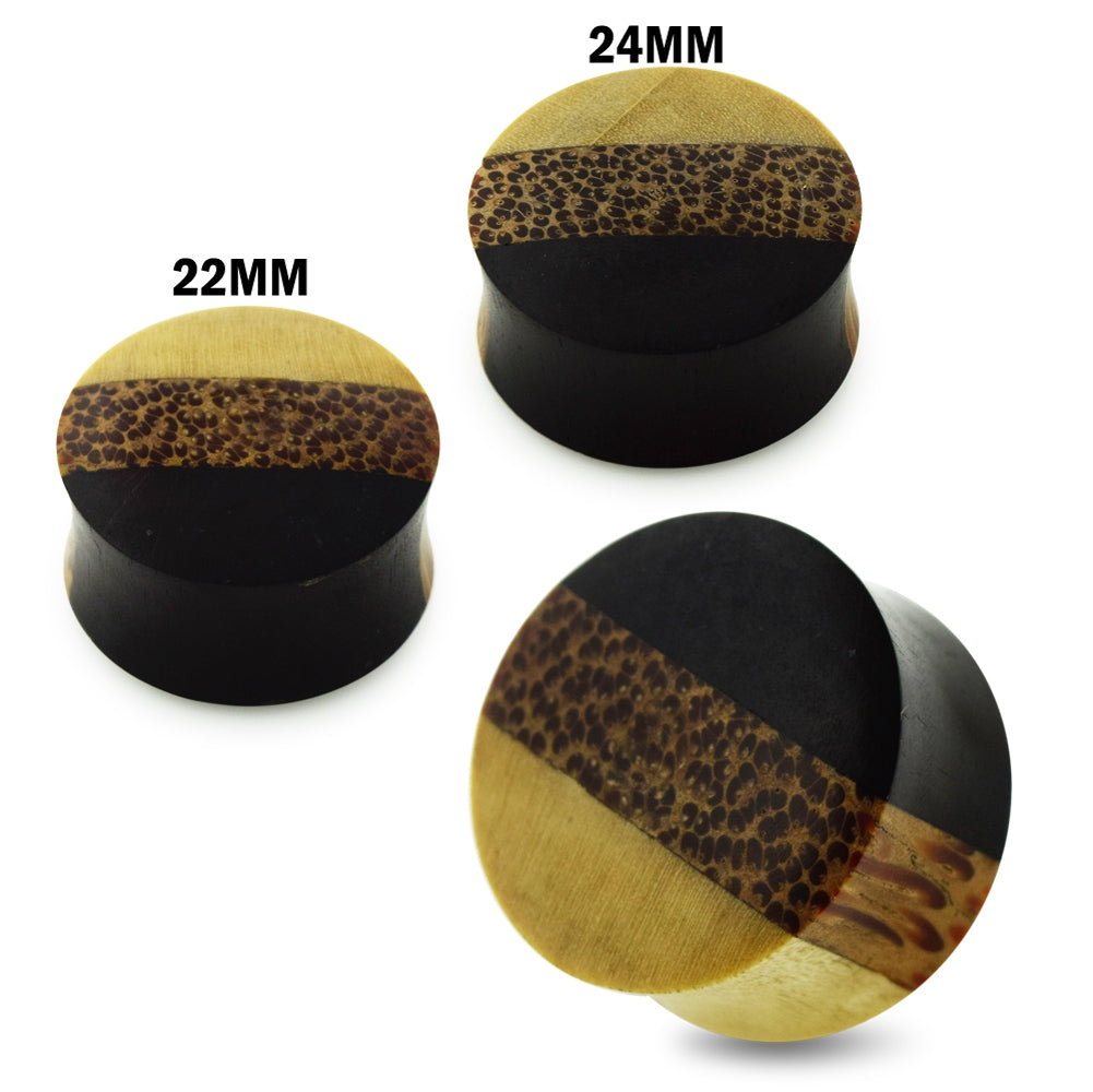 Double Flared Organic Crocodile, Palm and Black Iron Wood Convex Saddle Ear Gauges Plug