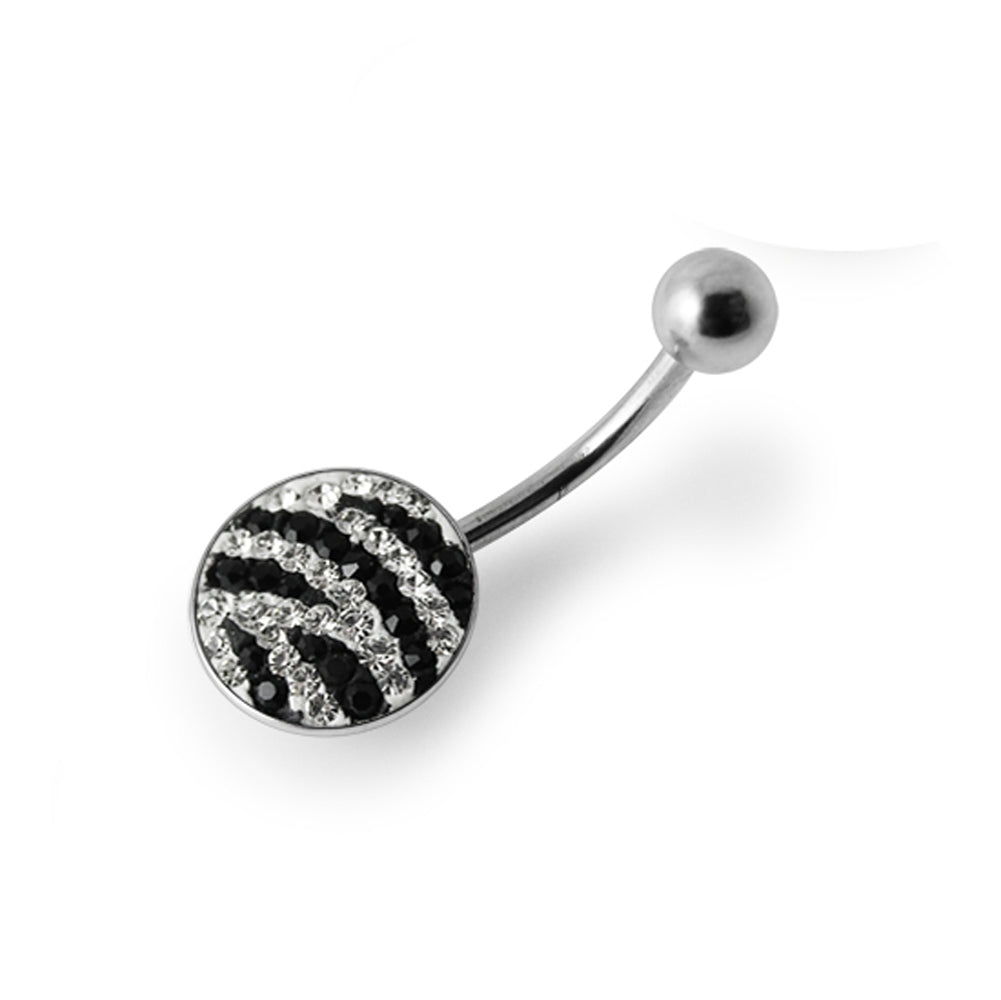 White And Black Crystal stone Jeweled Curved Navel Ring with steel Base