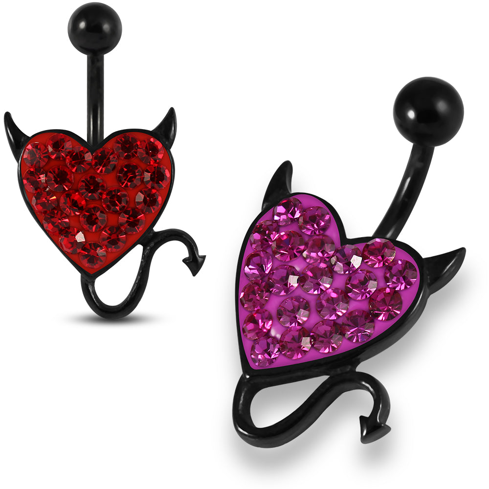 Multi Crystals jeweled Devil Heart Black Anodized Surgical Steel Belly Ring