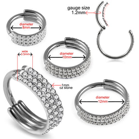 Triple Rows Crystal Surgical Steel Seamless Hinged Clicker Segment Ring