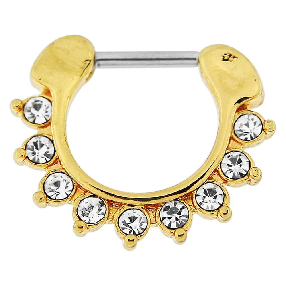 Gold PVD Single Line 9 CZ's Pronged Septum Clicker Piercing