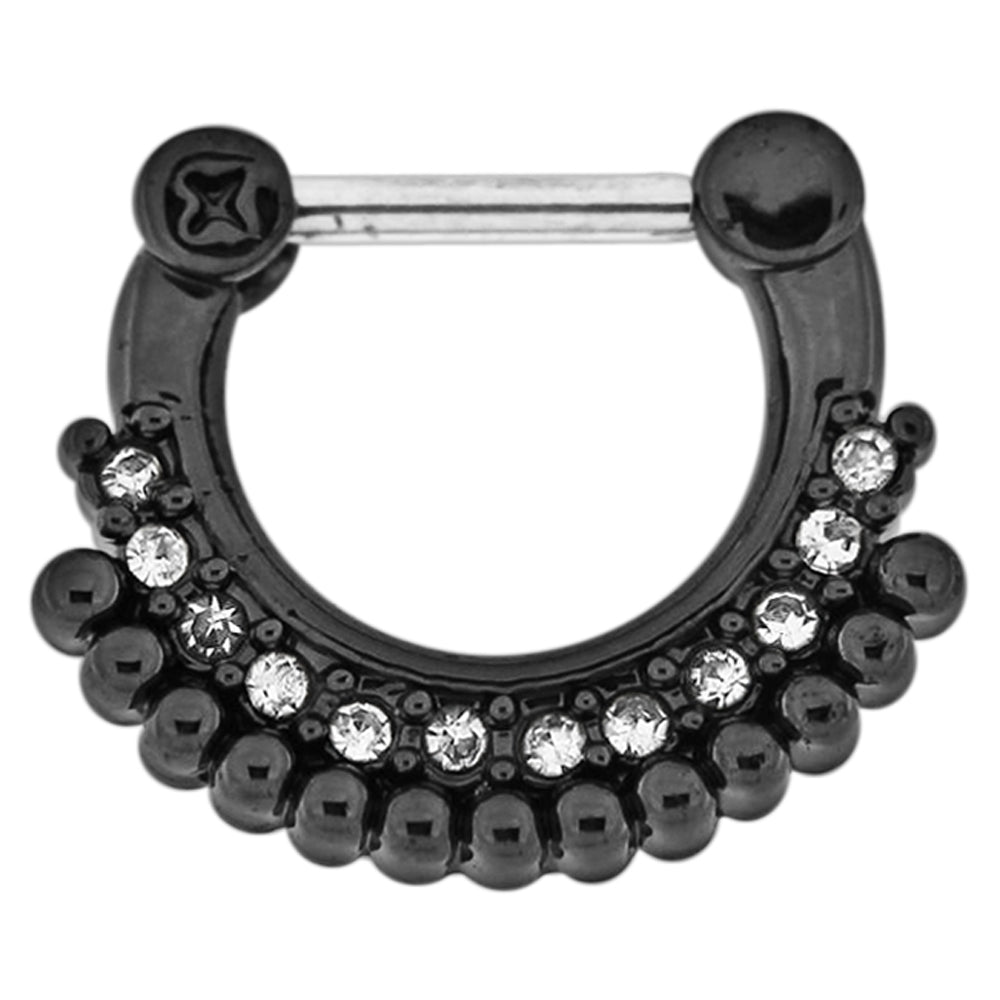 Black PVD Single Line Micro Paved CZ with Tribal Dots Septum Clicker