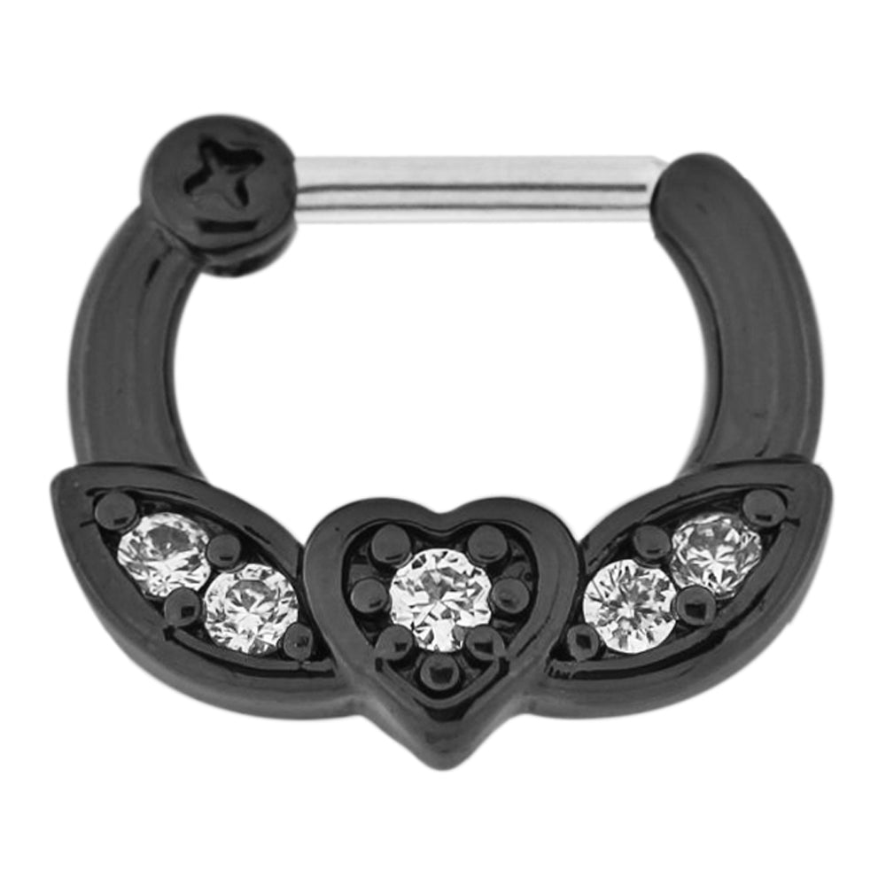 Black PVD Micro Paved CZ Flying Heart Septum Clicker Piercing