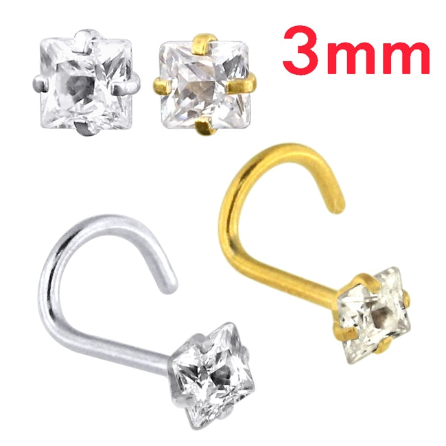 20G Surgical Steel Square CZ Stone Nose Screw Stud