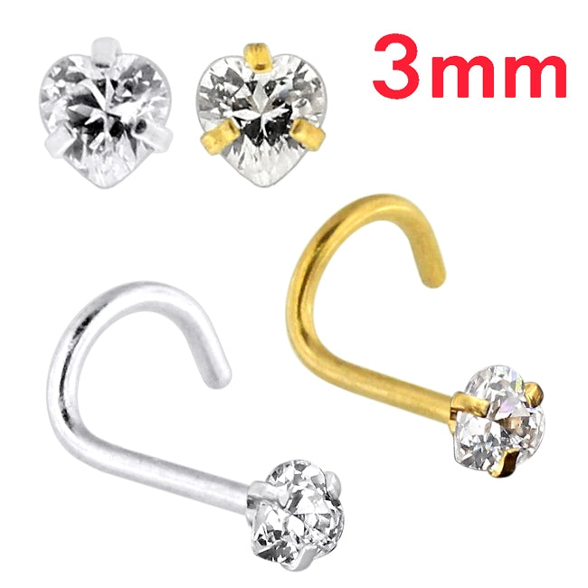 20G Surgical Steel Heart CZ Stone Nose Screw Stud