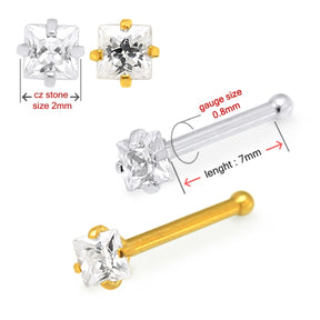 20G Surgical Steel Square CZ Stone Nose Bone Stud